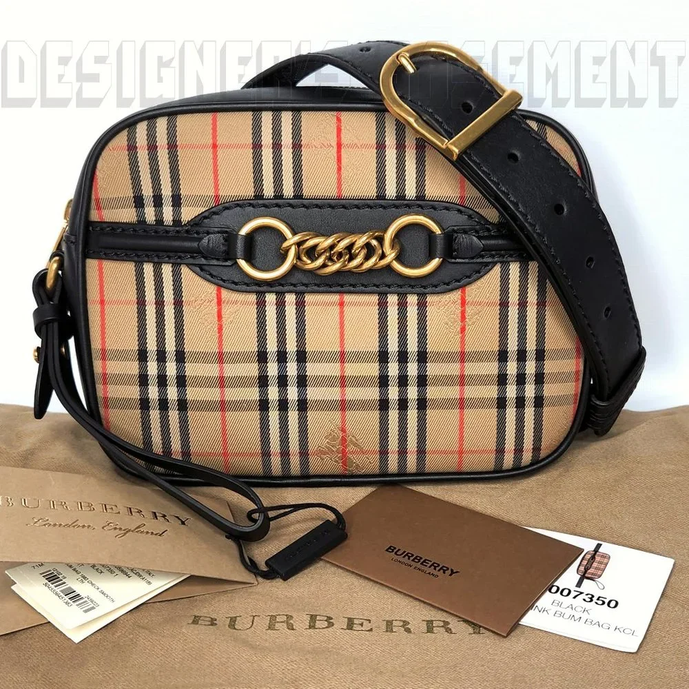 BURBERRY black leather LINK 1983 beige canvas Equestrian Knight Check Belt Bag - Picture 2 of 12